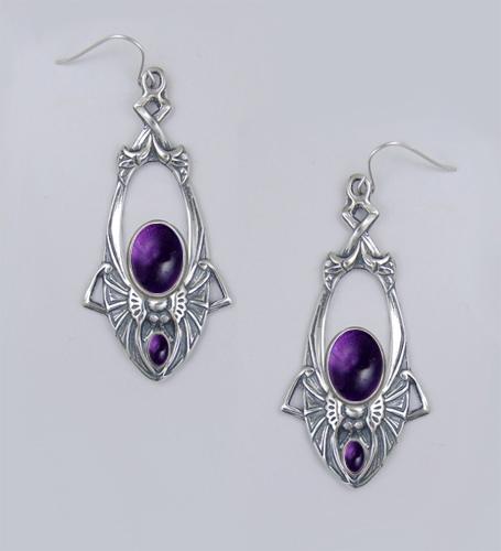 Sterling Silver Dramatic Art Deco Drop Dangle Earrings With Amethyst